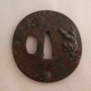 Japanese Tsuba (Sword Guard) depicting dragon in intricate detail, Nihonto