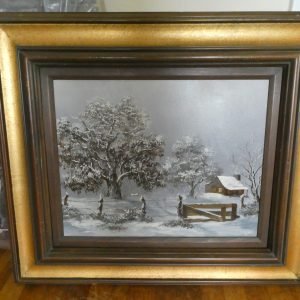 USA oil painting of cabin in the winter time. Signed with heavy frame.
